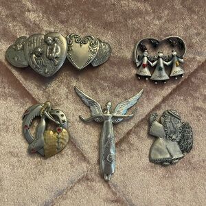 Silver Angel and Heart Brooch Set